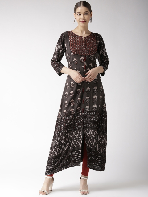 

RANGMAYEE Women Charcoal Grey & Off-White Block Print A-Line Kurta