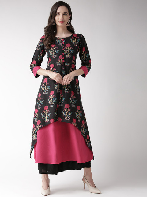 

RANGMAYEE Women Black & Pink Printed Layered A-Line Kurta