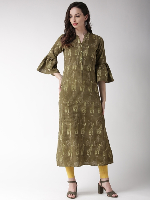 

RANGMAYEE Women Olive Green Quirky Screen Print Straight Kurta