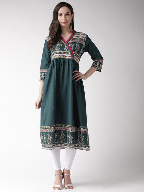 

RANGMAYEE Women Teal Blue & White Printed A-Line Kurta