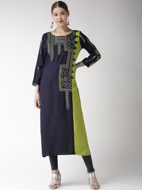 

RANGMAYEE Women Navy Blue & Green Embroidered Straight Kurta