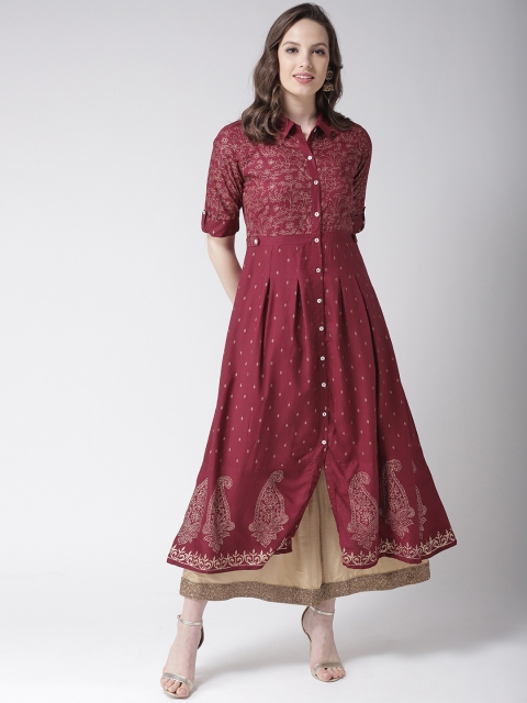 

RANGMAYEE Women Maroon & Golden Printed A-Line Kurta