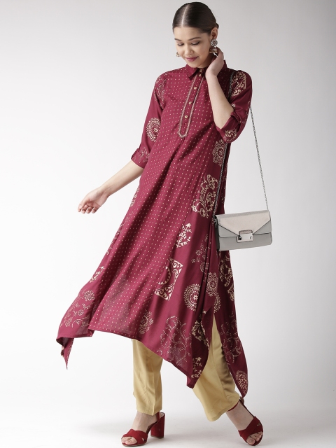 

RANGMAYEE Women Burgundy & Golden Printed Asymmetric A-Line Kurta
