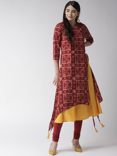 

RANGMAYEE Women Mustard Yellow & Maroon Layered A-Line Kurta