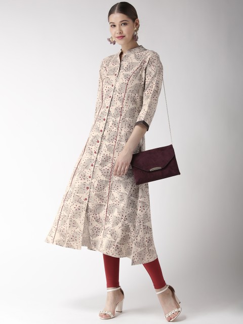 

RANGMAYEE Women Beige & Maroon Screen Print A-Line Kurta