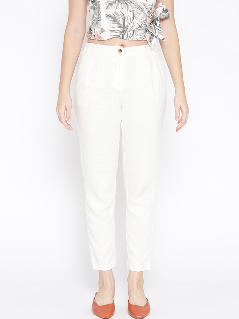

promod Women White Slim Fit Solid Cropped Cigarette Trousers