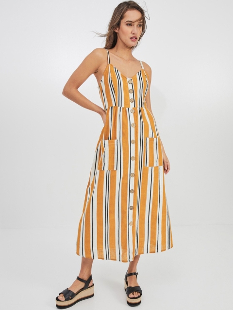 

promod Women Mustard Yellow Striped Empire Dress