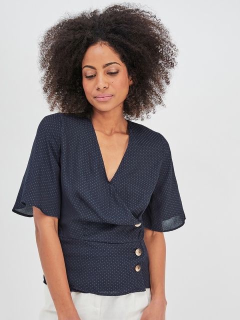 

promod Women Navy Blue Self Design Wrap Top