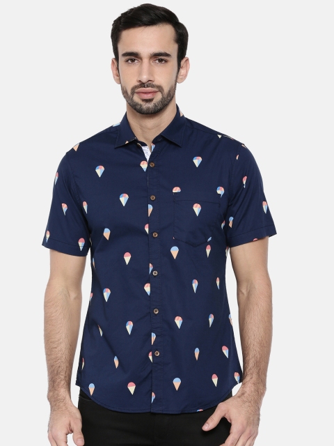 

IMYOUNG Men Navy Blue Slim Fit Printed Casual Shirt