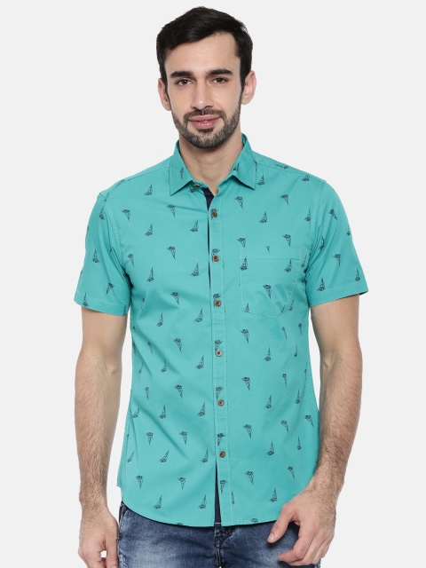 

IMYOUNG Men Teal Blue Slim Fit Printed Casual Shirt