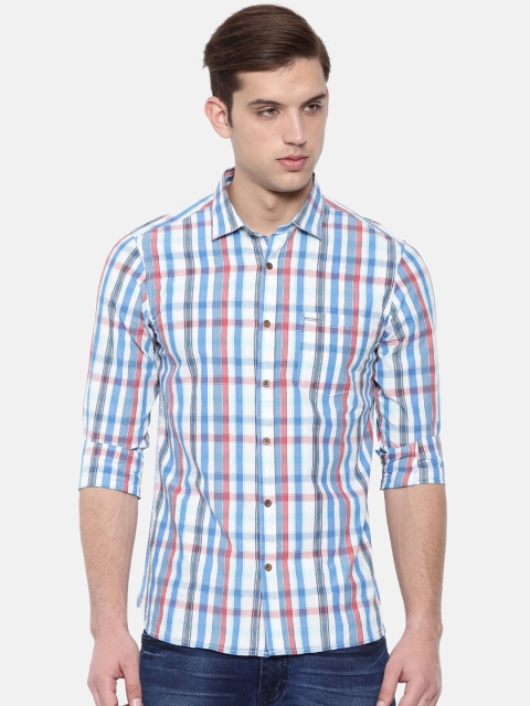 

IMYOUNG Men White & Blue Slim Fit Checked Casual Shirt