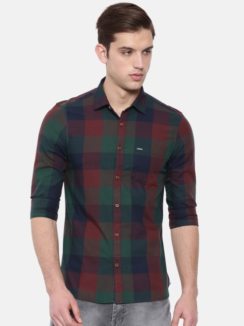 

IMYOUNG Men Green & Maroon Slim Fit Checked Casual Shirt