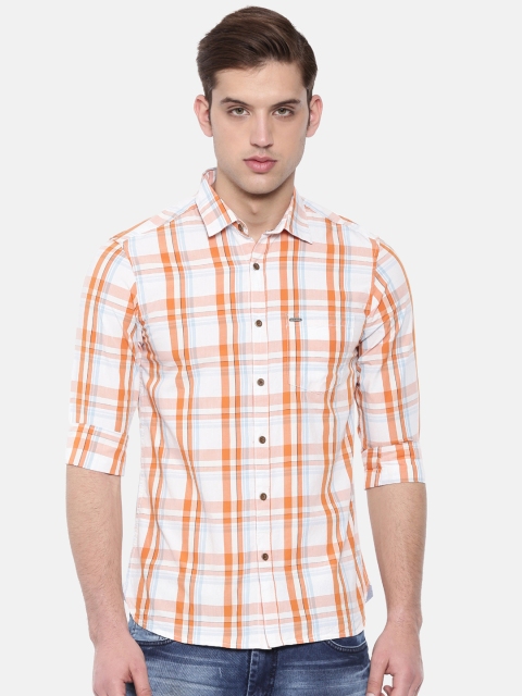 

IMYOUNG Men White & Orange Slim Fit Checked Casual Shirt