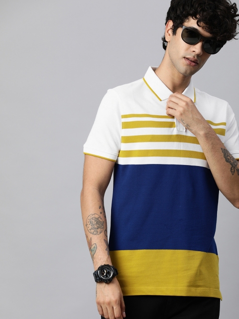 

Harvard Men White Navy Blue Colourblocked Polo Collar Pure Cotton T-shirt