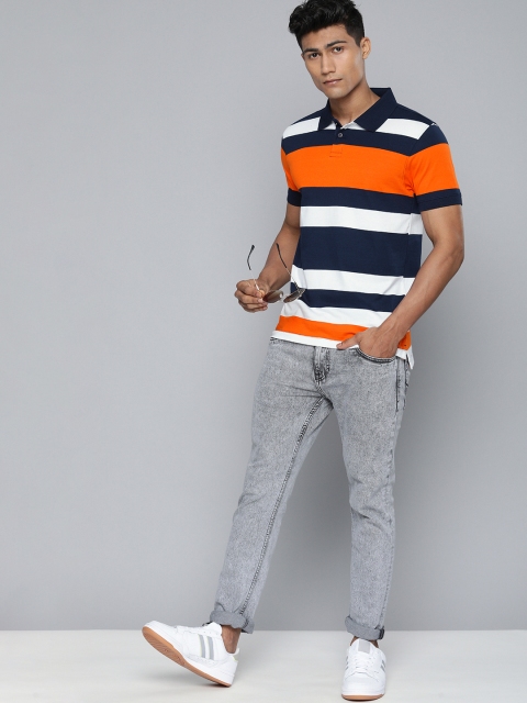 

Harvard Men Multicoloured Blue Striped Polo Collar Pure Cotton T-shirt, Multi