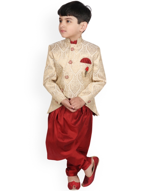 

SG YUVRAJ Boys Red & Gold-Toned Solid Kurta with Pyjamas & Jacket