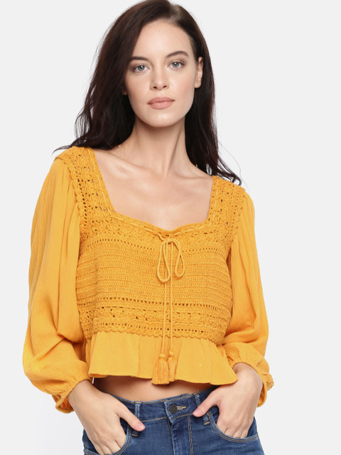 

AMERICAN EAGLE OUTFITTERS Women Mustard Yellow Self Design Crop Pure Cotton Top