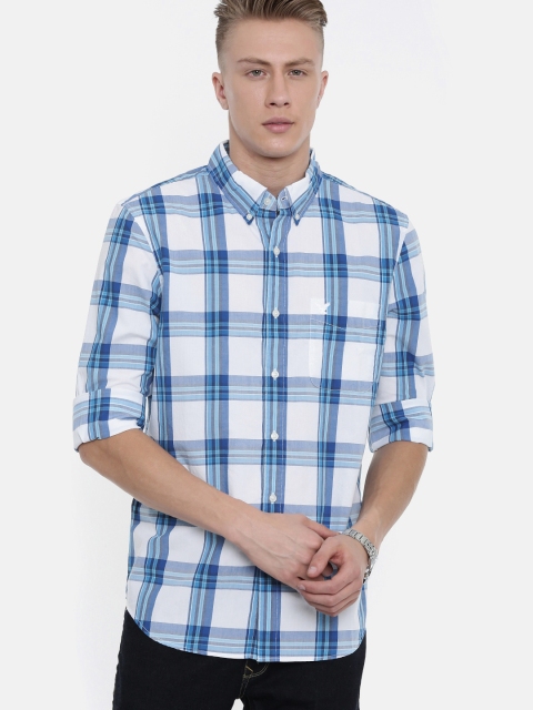 

AMERICAN EAGLE OUTFITTERS Men White & Blue Slim Fit Checked Casual Shirt