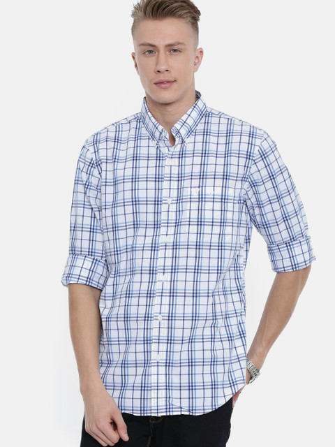 

AMERICAN EAGLE OUTFITTERS Men White & Blue Slim Fit Checked Casual Shirt