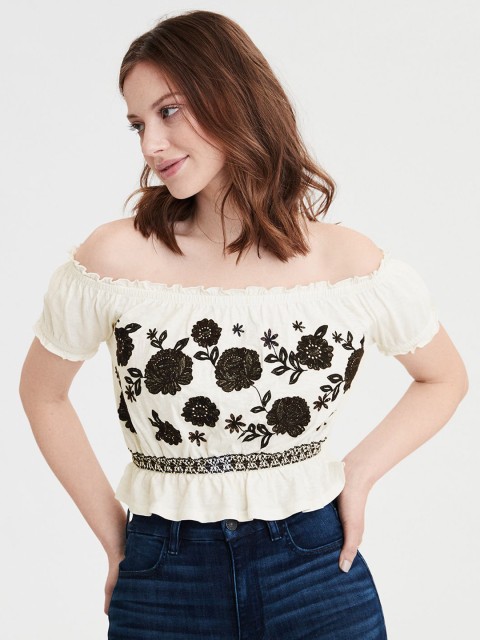

AMERICAN EAGLE OUTFITTERS Women White Printed Bardot Top