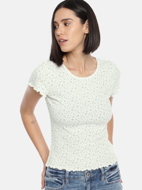 

AMERICAN EAGLE OUTFITTERS Women White & Blue Printed Round Neck T-shirt