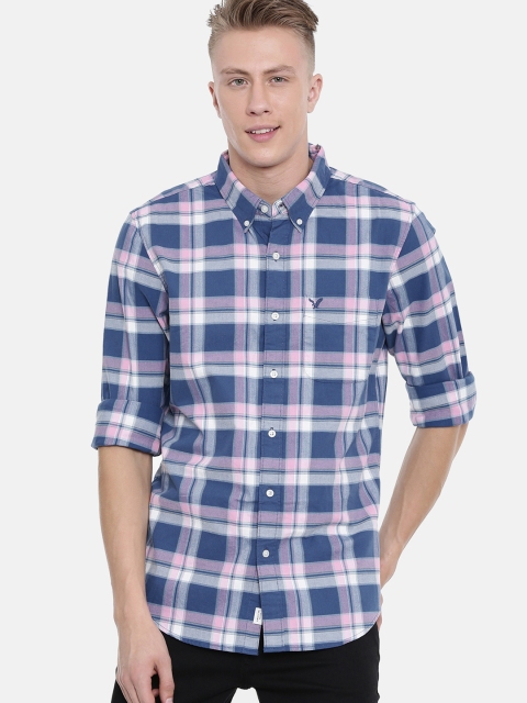 

AMERICAN EAGLE OUTFITTERS Men Navy Blue & Pink Slim Fit Checked Casual Shirt