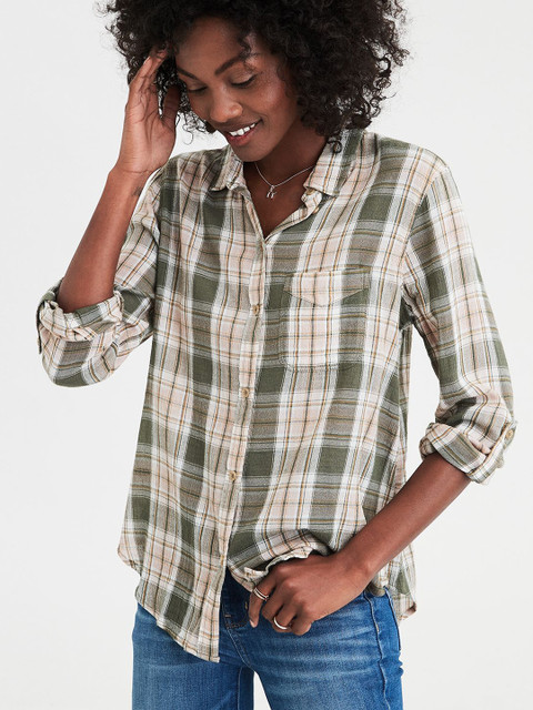 

AMERICAN EAGLE OUTFITTERS Women Green & Beige Regular Fit Checked Casual Shirt