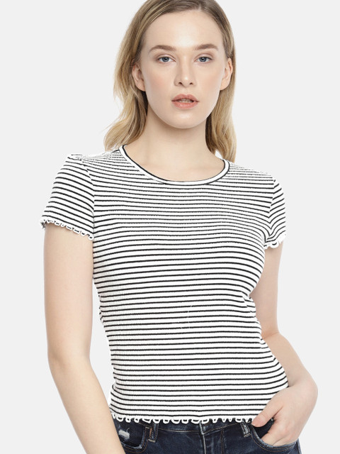 

AMERICAN EAGLE OUTFITTERS Women Black & White Striped Fitted Top