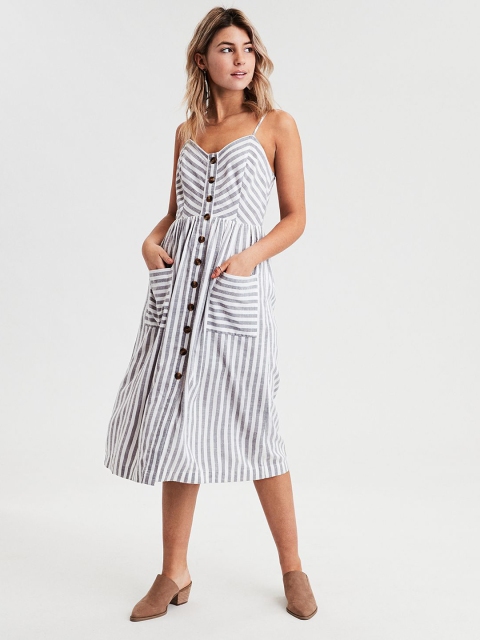 

AMERICAN EAGLE OUTFITTERS Women Grey & White Striped Fit and Flare Dress