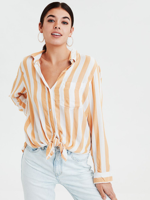 

AMERICAN EAGLE OUTFITTERS Women White & Yellow Regular Fit Striped Casual Shirt