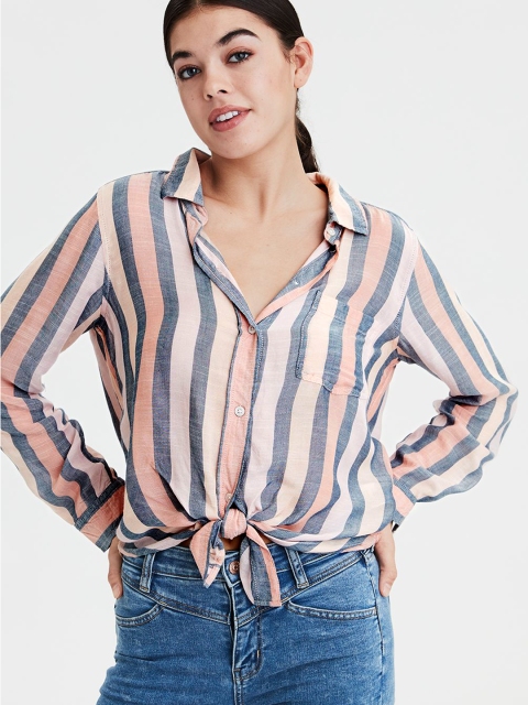 

AMERICAN EAGLE OUTFITTERS Women Pink & Blue Regular Fit Striped Casual Shirt