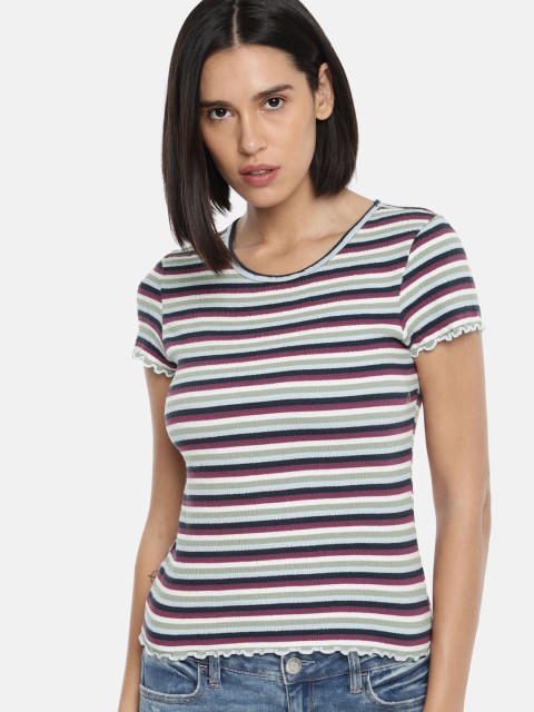 

AMERICAN EAGLE OUTFITTERS Women Navy Blue & Burgundy Striped Fitted Top