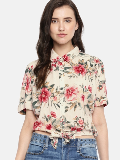 

AMERICAN EAGLE OUTFITTERS Women Beige & Pink Regular Fit Printed Casual Shirt