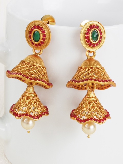 

Shining Diva Gold-Plated & Red Classic Jhumkas