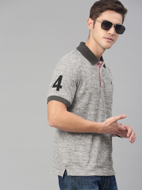 

American Crew Men Grey Melange Solid Polo Collar T-shirt
