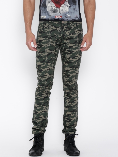 

Flying Machine Green & Black Camouflage Print Slim Fit Trousers