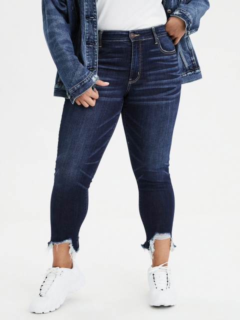 

AMERICAN EAGLE OUTFITTERS Women Blue Slim Fit High-Rise Low Distress Cropped Jeans