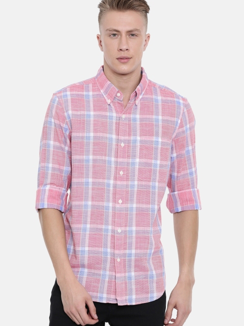 

AMERICAN EAGLE OUTFITTERS Men Coral Pink & Blue Slim Fit Checked Casual Shirt