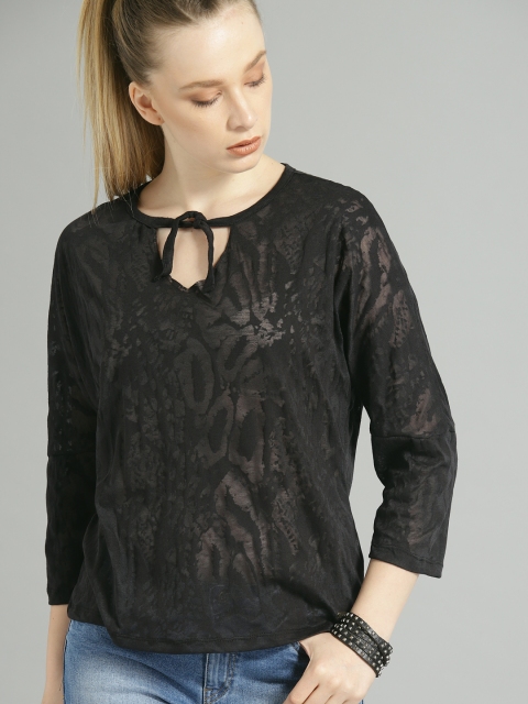 

Roadster Women Black Self-Design Semi-Sheer Top