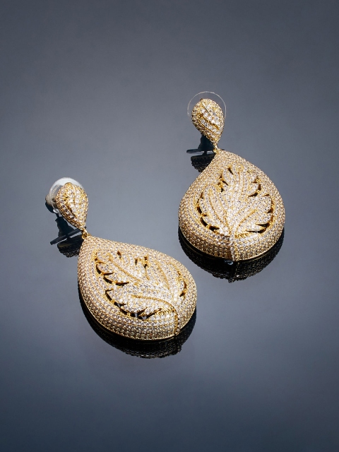 

shaze Gold-Plated Cubic Zirconia Studded Leaf Shaped Drop Earrings