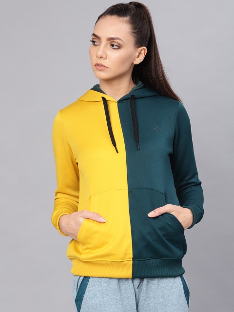 

HRX by Hrithik Roshan Women Green & Yellow Lifestyle Hooded Colourblocked Sweatshirt