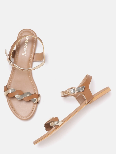 

DressBerry Women Brown & Gold-Toned Colourblocked Open Toe Flats