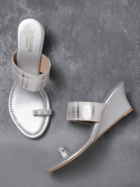 

Anouk Women Off-White & Silver-Toned Checked Wedges