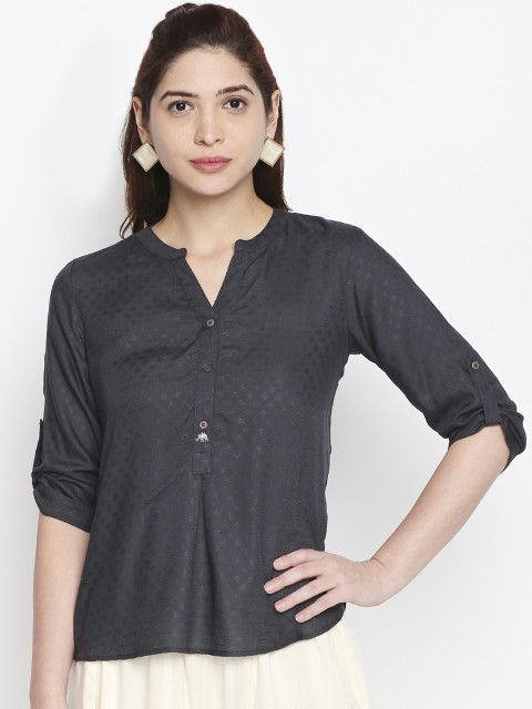 

AKKRITI BY PANTALOONS Women Charcoal Grey Self Design Shirt Style Top