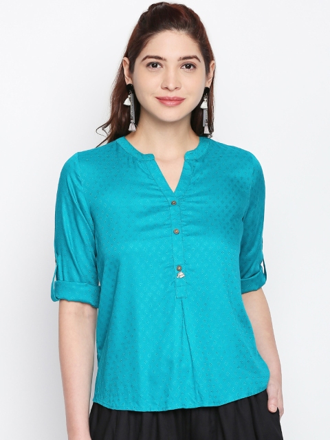 

AKKRITI BY PANTALOONS Women Teal Self Design Shirt Style Top