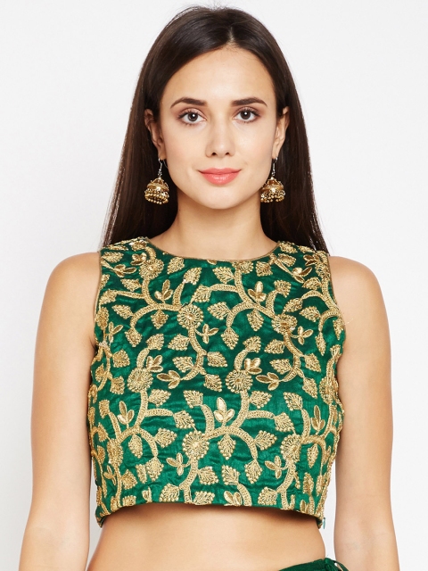 

studio rasa Women Semi Dupion Embroidered Crop Top, Green
