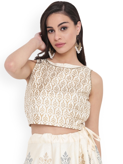 

studio rasa Women Bhagalpuri Dupion Block Printed Crop Top, Off white