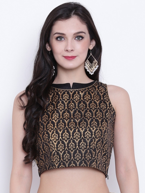 

studio rasa Women Bhagalpuri Dupion Block Printed Crop Top, Black