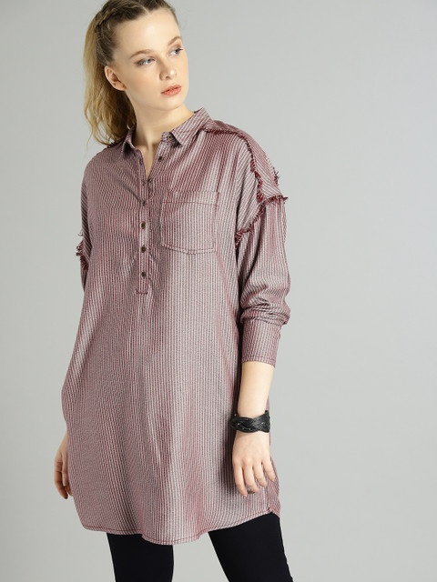 

The Roadster Lifestyle Co Women Maroon & Grey Boxy Striped Casual Shirt