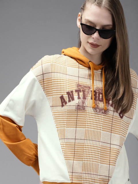 

Roadster Women Off-White & Mustard Yellow Printed Hooded Sweatshirt